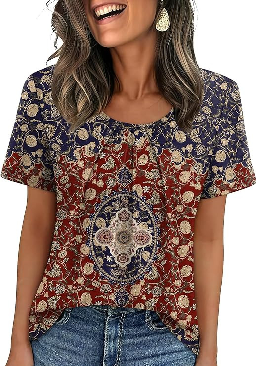 WIHOLL Women T Shirts Pleated Short Sleeve Tops Business Casual Dressy Blouses | Amazon (US)