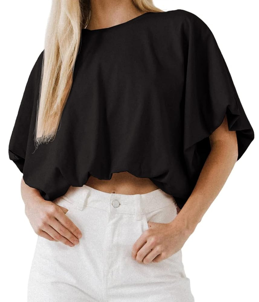 Womens Summer Crewneck Crop Tops Short Sleeve Casual Loose Cropped T Shirts | Amazon (US)