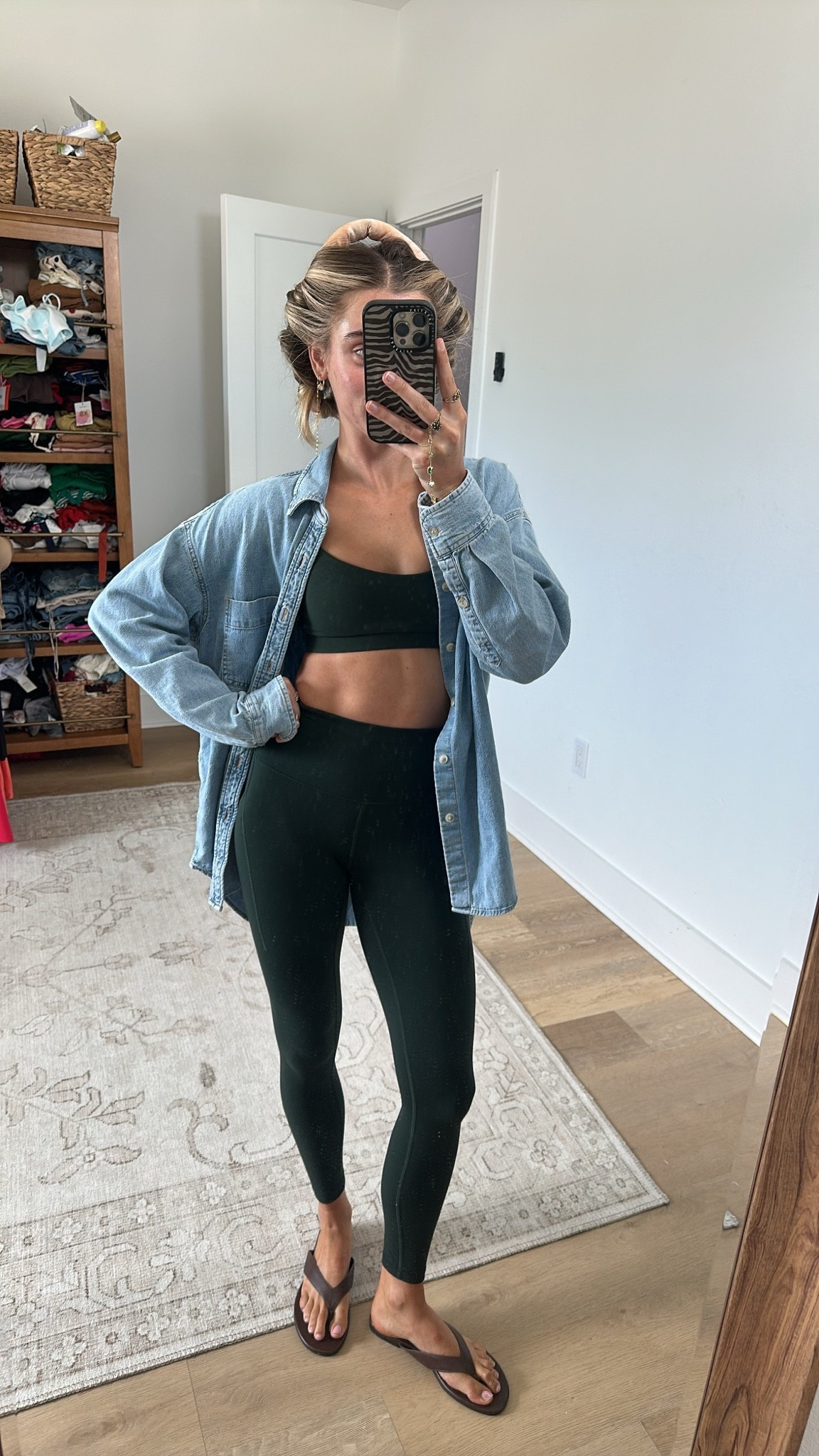I am wearing a Lululemon workout set my sports bra is the Lululemon flow y bra nulu light supports A-C cups in size 2 in color rainforest green and my leggings are the wunder train high rise tight 25” pockets size 2 in rainforest green. My lululemon like new code is SLOANE10. To leave the house I put on my @Aritzia denim long sleeve button up and @jcrew flip flops. 

My workout and workout gear for my daily workout. I take pilates classes from @lexfish on Instagram she has a whole online platform and membership! Most of my pilates gear and tools are from Bala. Bala use code SLOANE15. 
#workoutgear #workoutwear #pilates #ootd #outfit #athleticwear #athleticoutfit #bikershorts #sportsbra #pilatesoutfit #athleisure #bala #pilatesworkout #pilateslovers #pilatestiktok #balabangles @lululemon

#LTKootd #LTKmorningroutine #LTKfitnessgoals