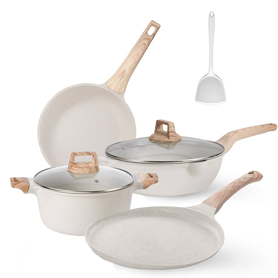 Pots and Pans Set, White Nonstick Induction Cookware Sets with Stay-Cool Handles, Kitchen Pan Set... | Amazon (US)