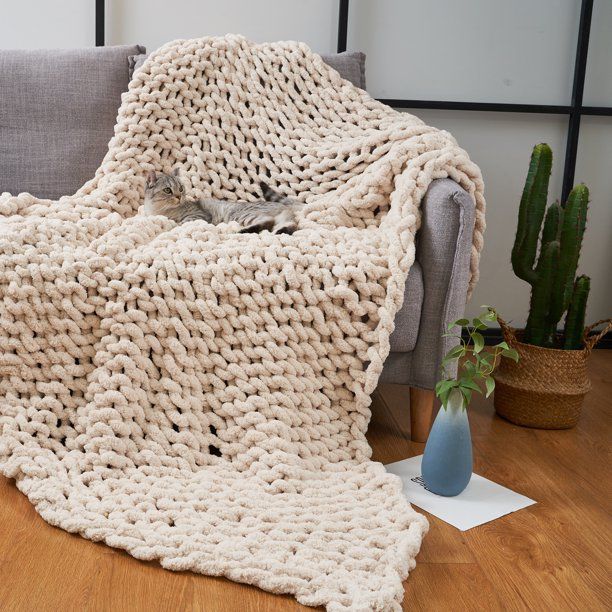 Modenna Chunky Knit Throw Blanket Chenille Blanket, 40"x 40", Beige - Walmart.com | Walmart (US)