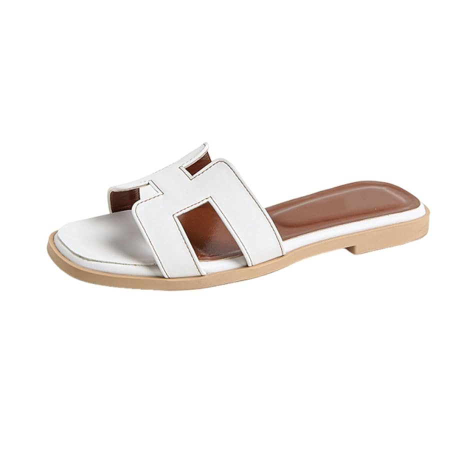 H Sandals for Women Leather Square Open Toe Anti-Slip Slip On Flats Summer Elegant Comfortable Ca... | Amazon (US)