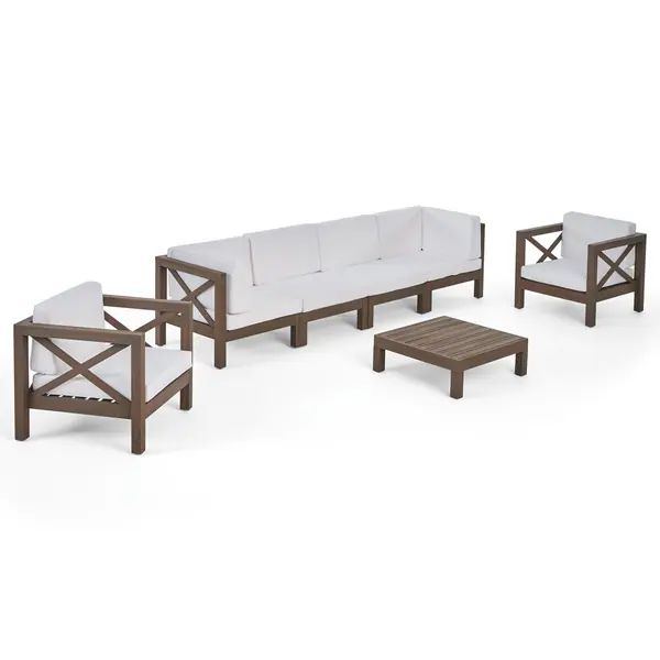 Brava Outdoor 6 Seater Acacia Wood Sofa Chat Set by Christopher Knight Home - Gray Finish+Dark Gr... | Bed Bath & Beyond