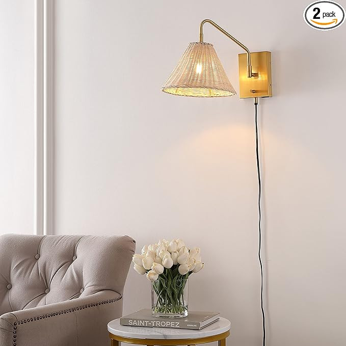 SAFAVIEH Lighting Collection Tressa Boho Coastal Natural Rattan/Brass USB Port Wall Sconce Set of... | Amazon (US)