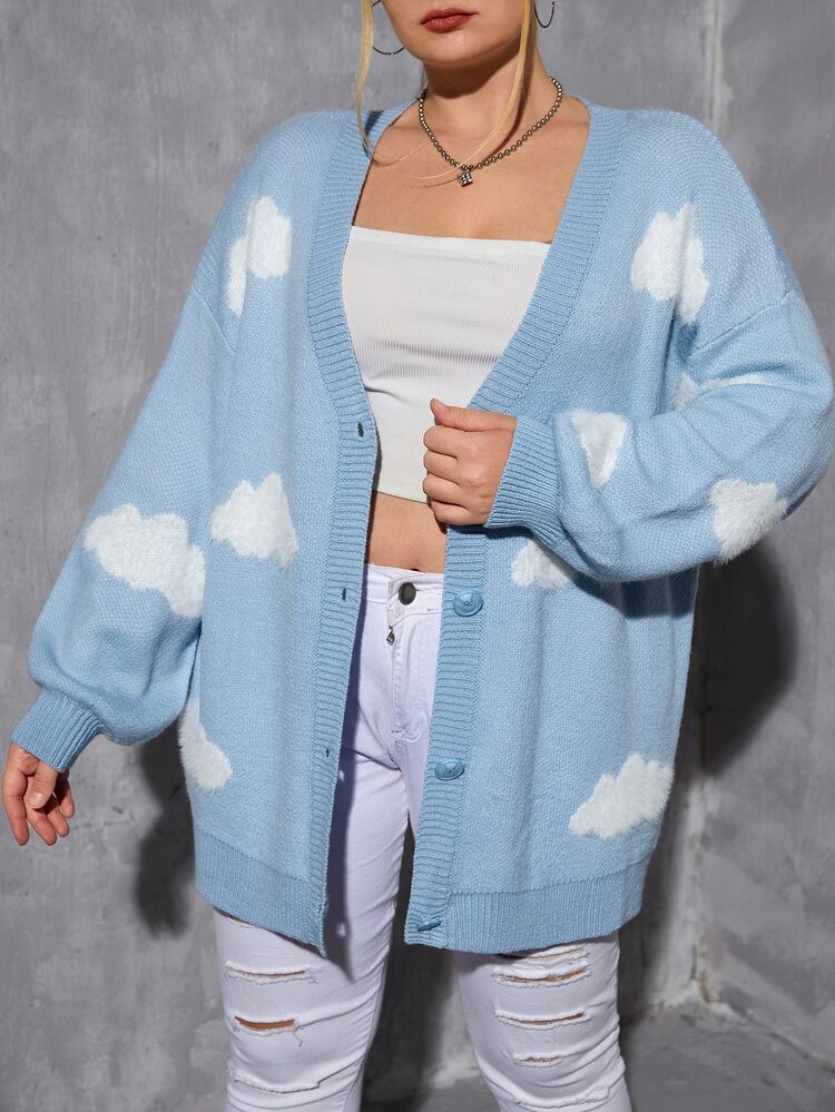 SHEIN EZwear Plus Clouds Pattern Drop Shoulder Cardigan | SHEIN