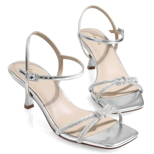 Amazon.com | Ankis Kitten Heels Rhinestone Strappy Square Open Toe Gold Silver Ankle Strap Sandal... | Amazon (US)