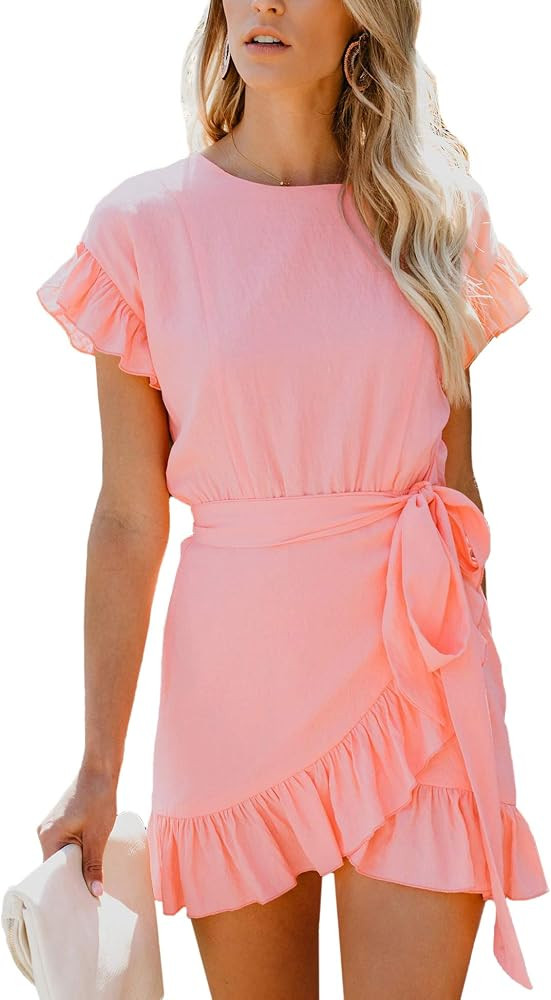 Relipop Women's Dress Solid Fishtail Short Sleeve Wrap Ruffle Hem Mini Short Dresses | Amazon (US)