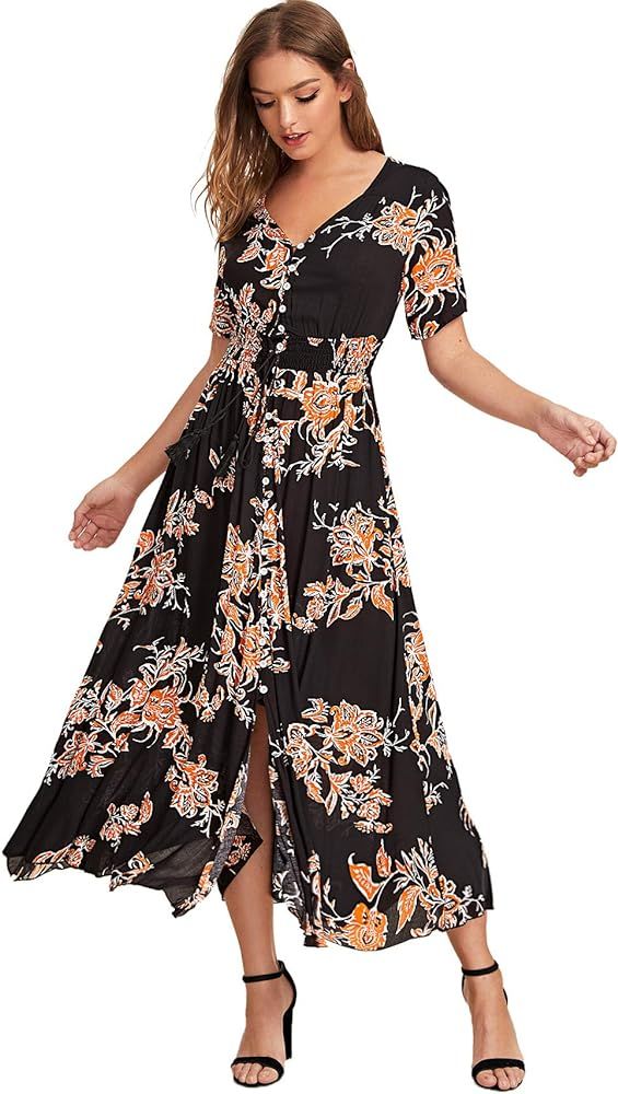 Women Floral Print Button Up Split Flowy Party Maxi Dress | Amazon (US)