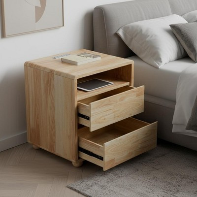 20"H Modern Solid Wood Nightstand, Mid-Century Bedside Table with 2 Drawers and Charger Station-Natural Wood | Target