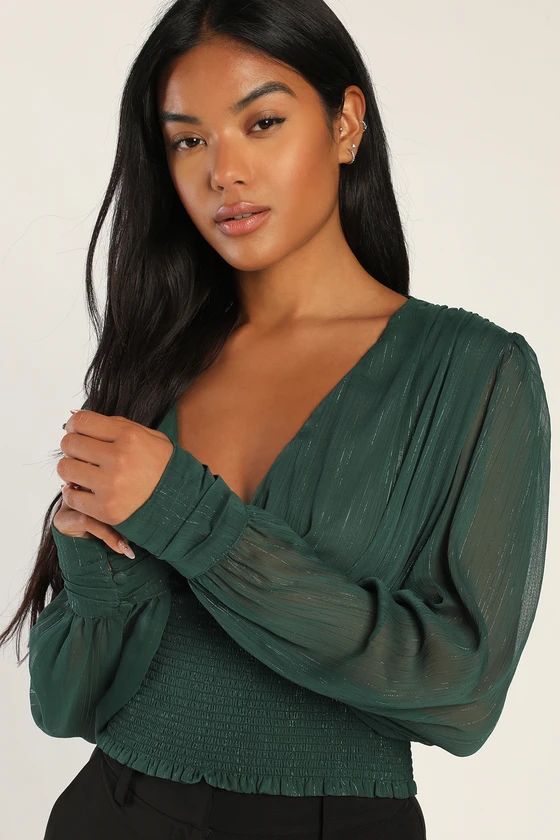 Shimmering Sophistication Emerald Lurex Smocked Long Sleeve Top | Lulus (US)