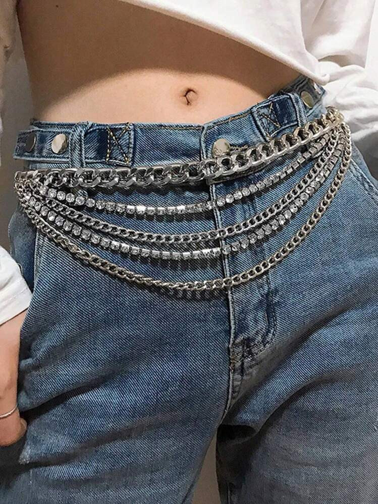 1pc Women's Silver Sexy Four Rhinestone Waist Chain, Suitable For Daily Match With Jeans Or Dress... | SHEIN