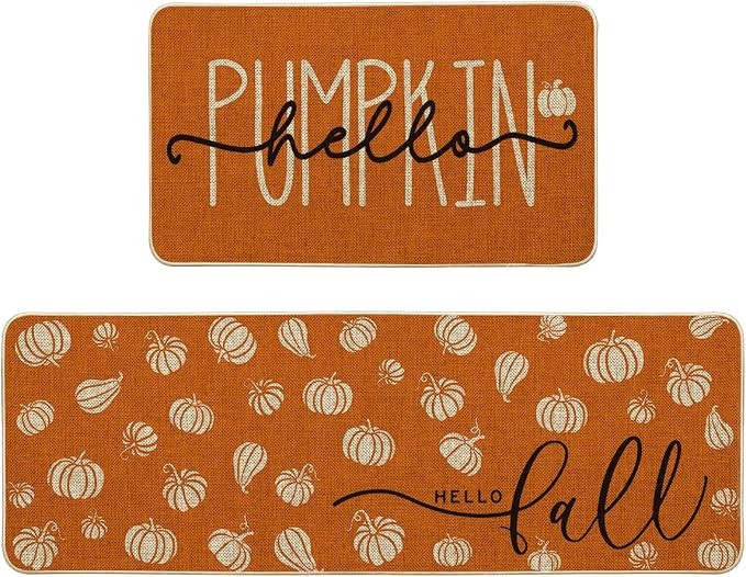 Artoid Mode Orange Hello Pumpkin Fall Kitchen Mats Set of 2 - 17x29+17x47" | Autumn Home Decor Lo... | Amazon (US)