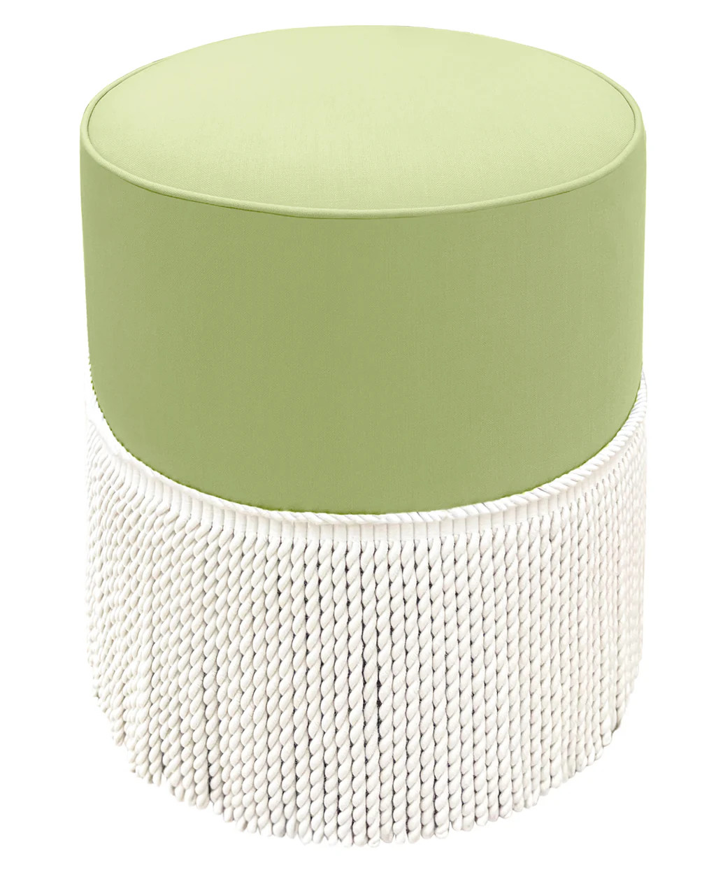 THE TIGHT ROUND OTTOMAN :: CLASSIC LINEN // CELADON + BULLION FRINGE | LITTLE DESIGN COMPANY