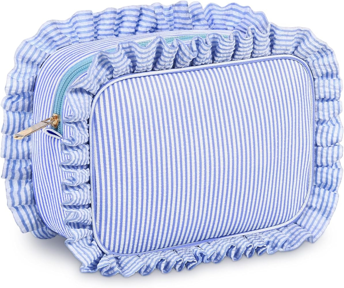 Sanwuta Seersucker Ruffle makeup bag Seersucker Cosmetic Bags Large Stripe Women Pouch Large Preppy Storage Pouch Toiletry Travel Organizer for Wedding Bridesmaid Bride Mom Gift(Light Blue) | Amazon (US)