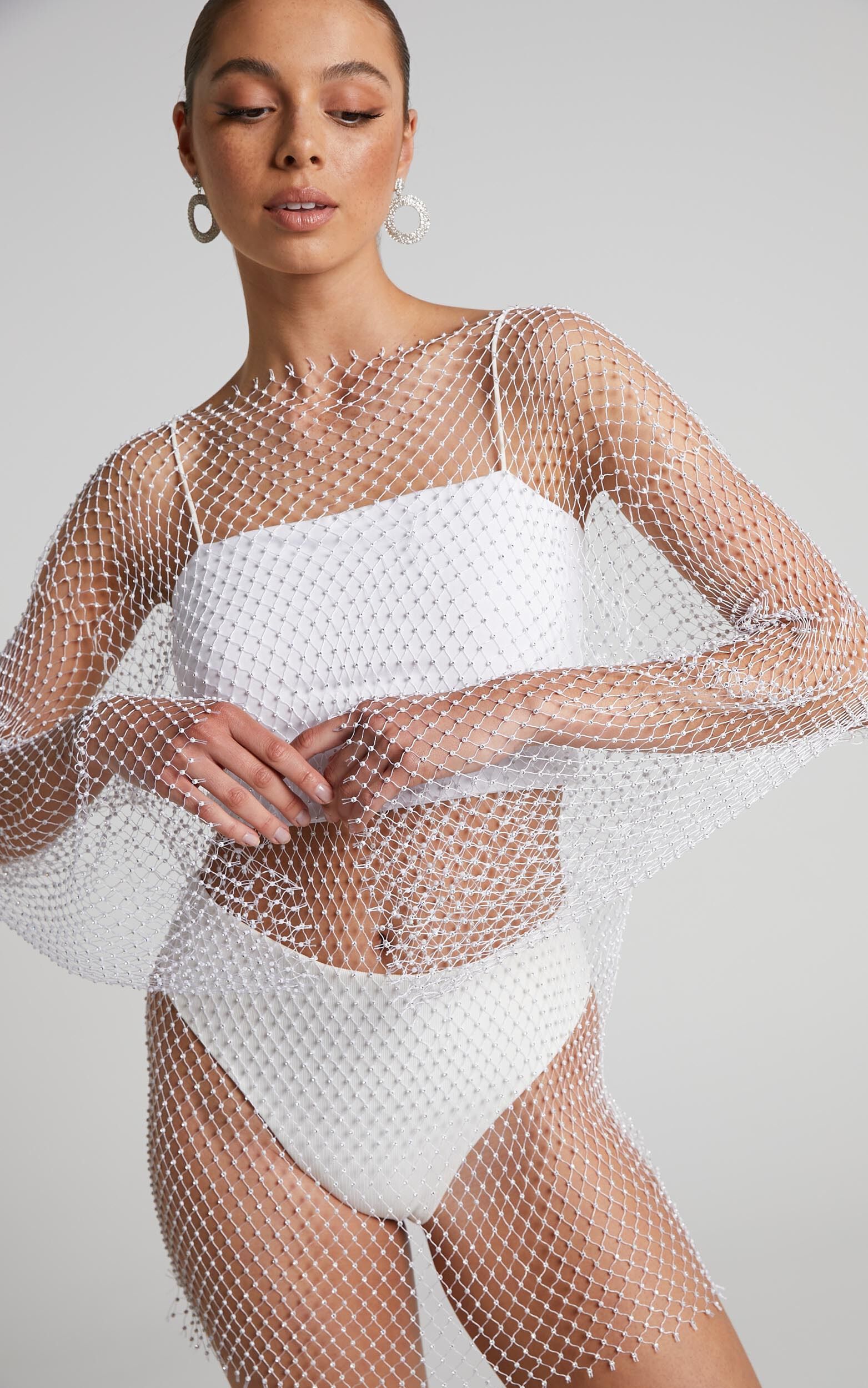 Sharlize Mini Dress - Diamante Mesh Long Sleeve Dress in White | Showpo (US, UK & Europe)