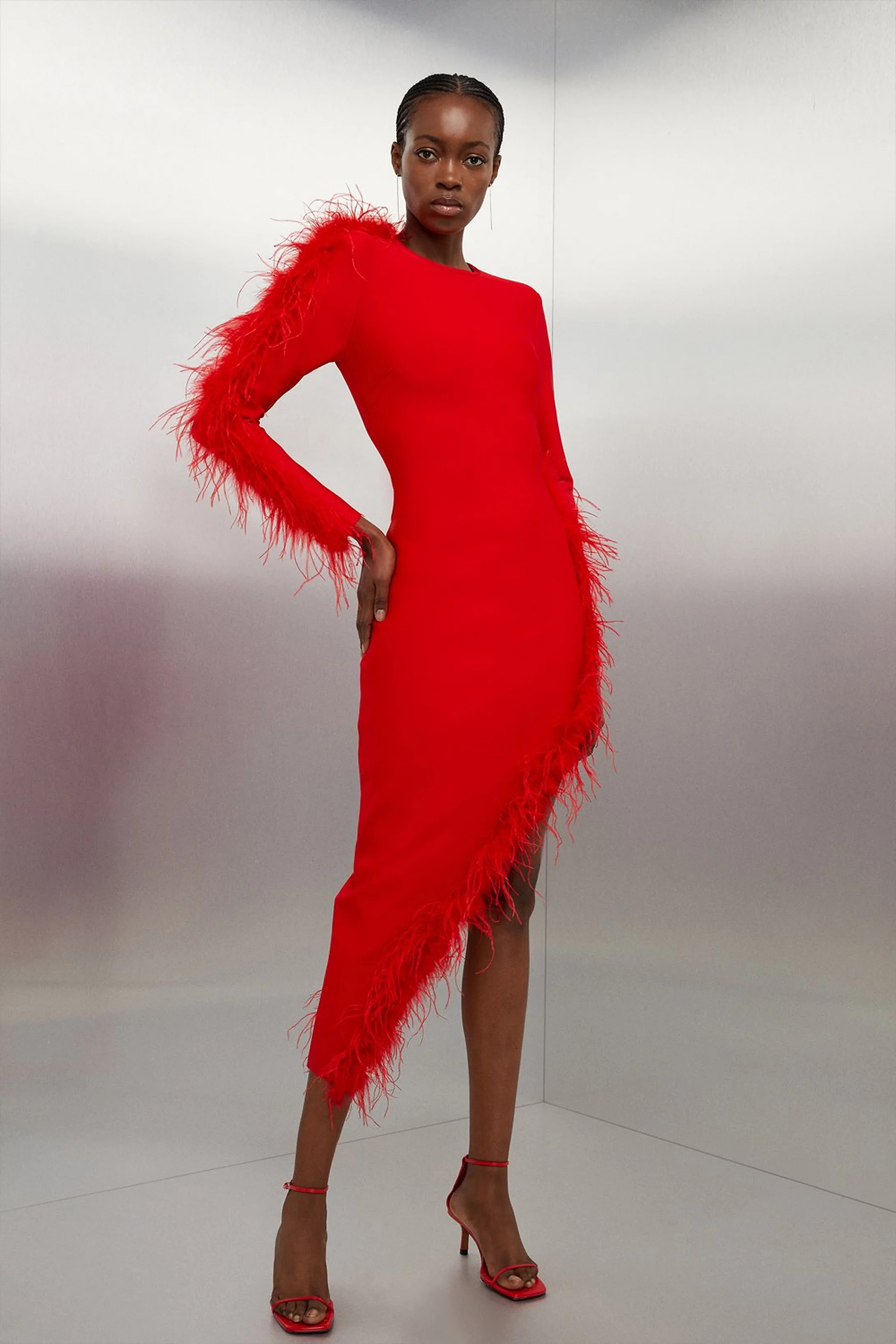Figure Form Bandage Knit Split Feather Hem Maxi Dress | Karen Millen UK + IE + DE + NL