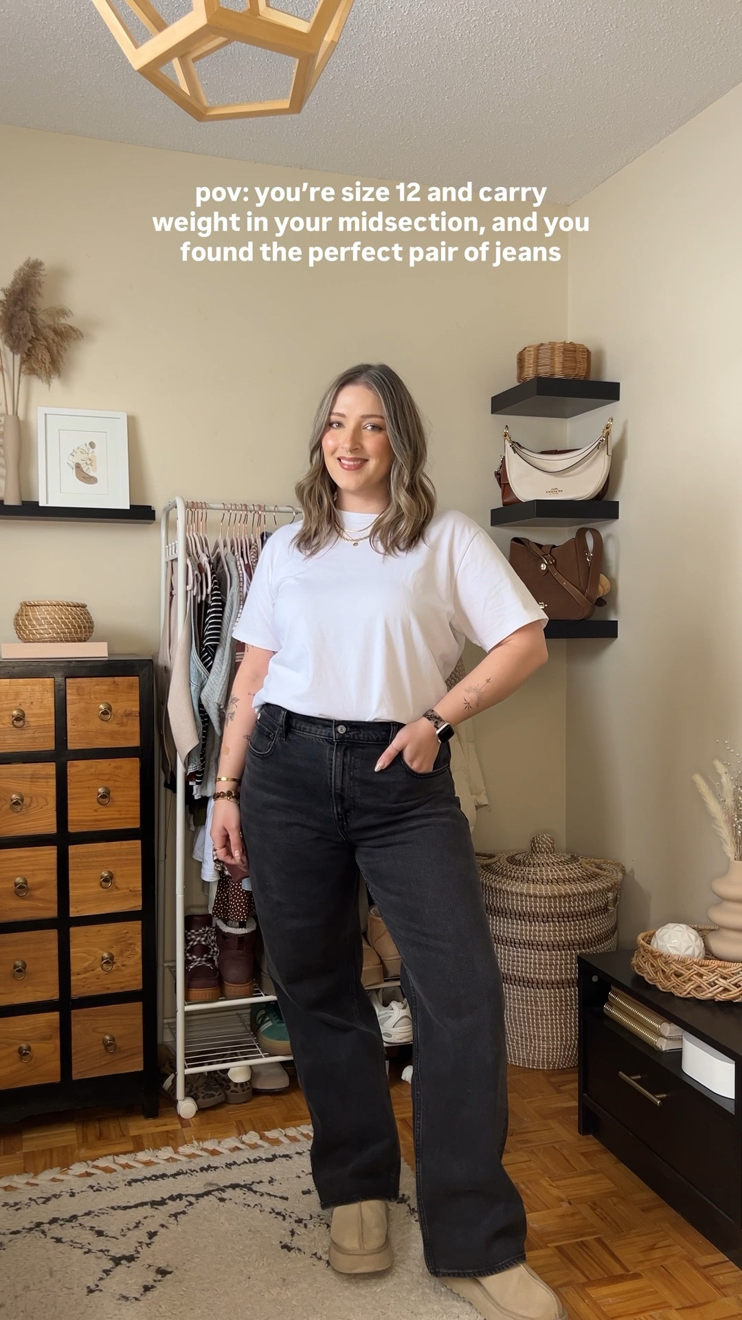 My all time fave jeans from Abercrombie! Code AFLTK for 25% off! Wearing 32, I probably could do a 31, but I prefer a looser fit! I’m 5’8 with shorter legs and a long torso, so I get regular length. They are comfy, flattering, and have the perfect amount of stretch! This white cotton tee is not see through and the high neck makes it perfect for layering, wearing my usual size L. Ugg tazz fit TTS, wearing 10
@abercrombie 

#LTKsale #LTKjeans #LTKmidsize