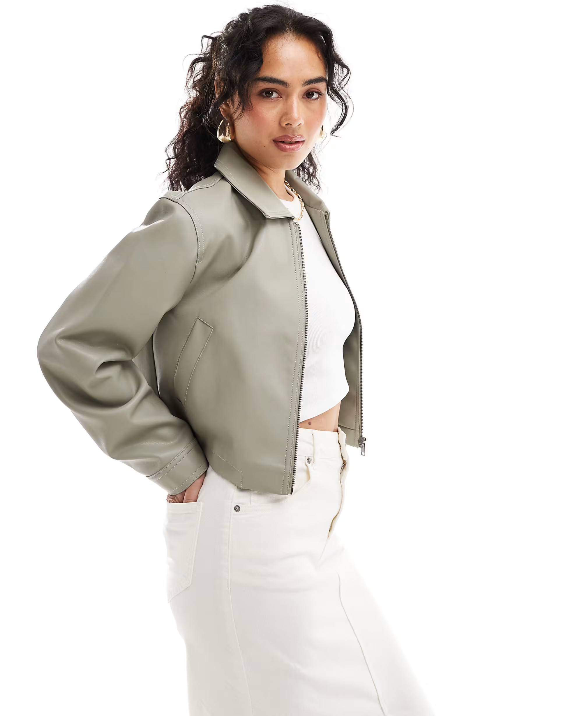ASOS DESIGN leather look top collar jacket in sage | ASOS (Global)