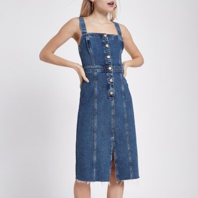Petite mid blue fitted button denim dress | River Island (UK & IE)