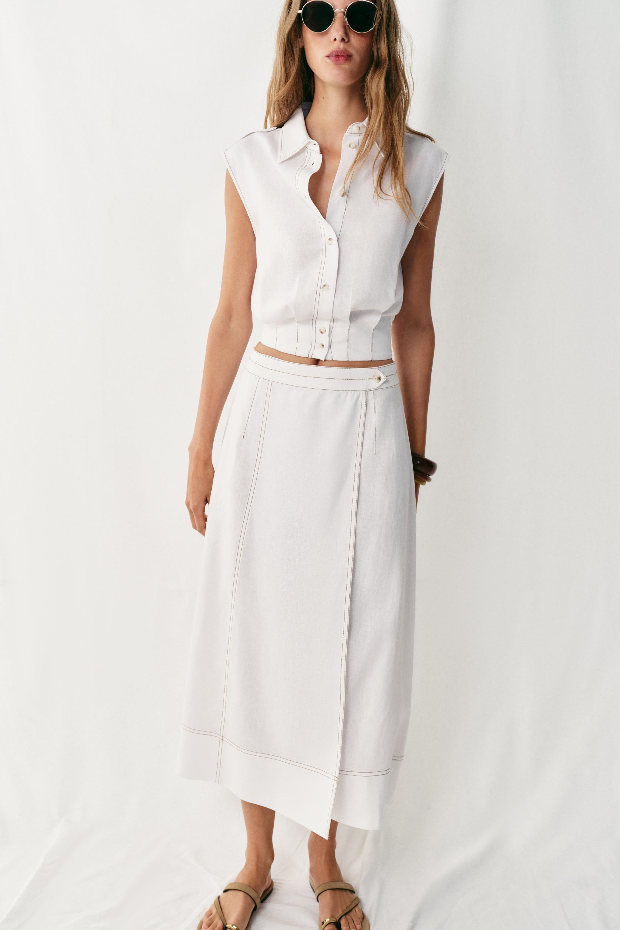 LINEN BLEND TOP WITH TOPSTITCHING | Zara UK