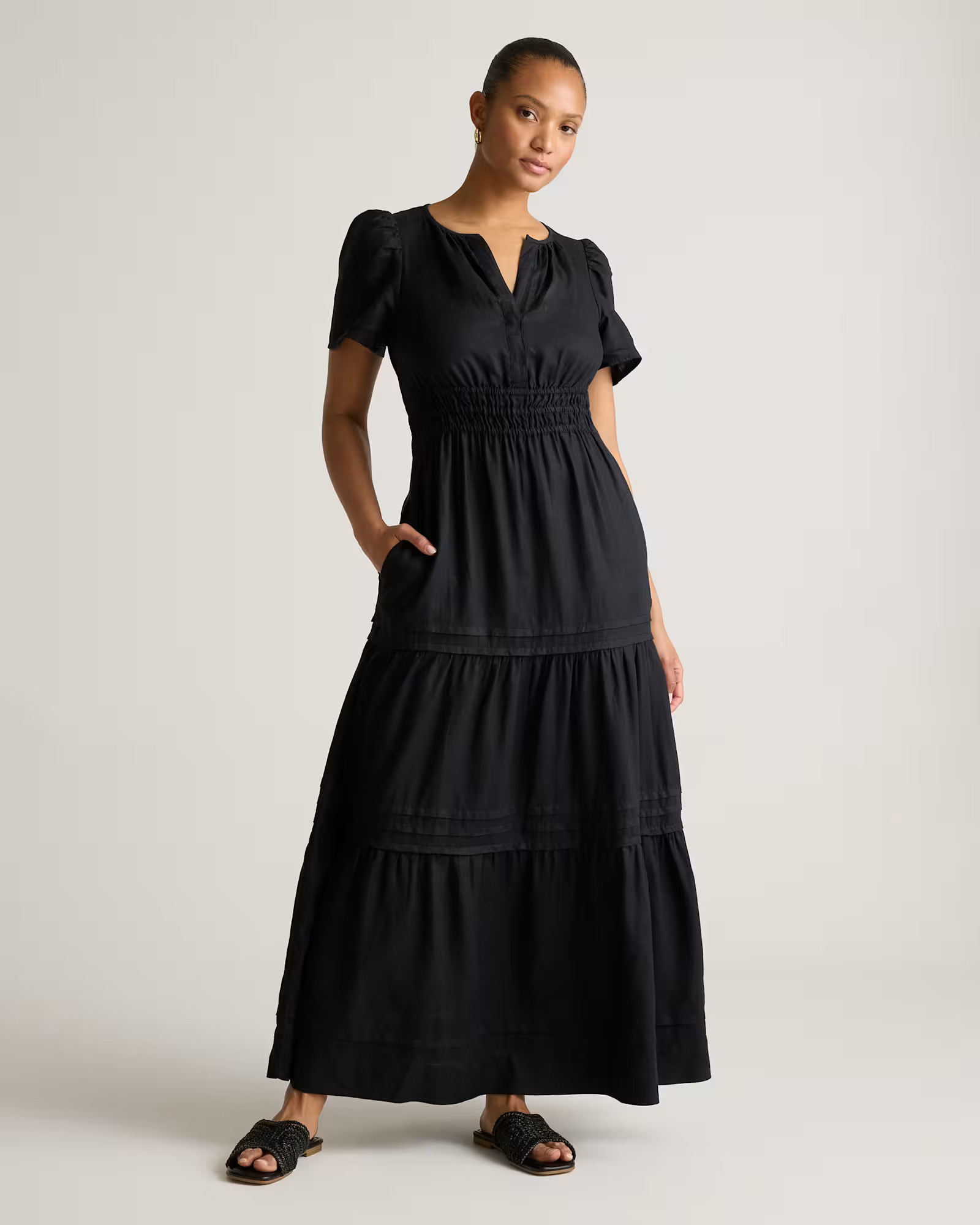 100% European Linen Tiered Maxi Dress in Black | Quince