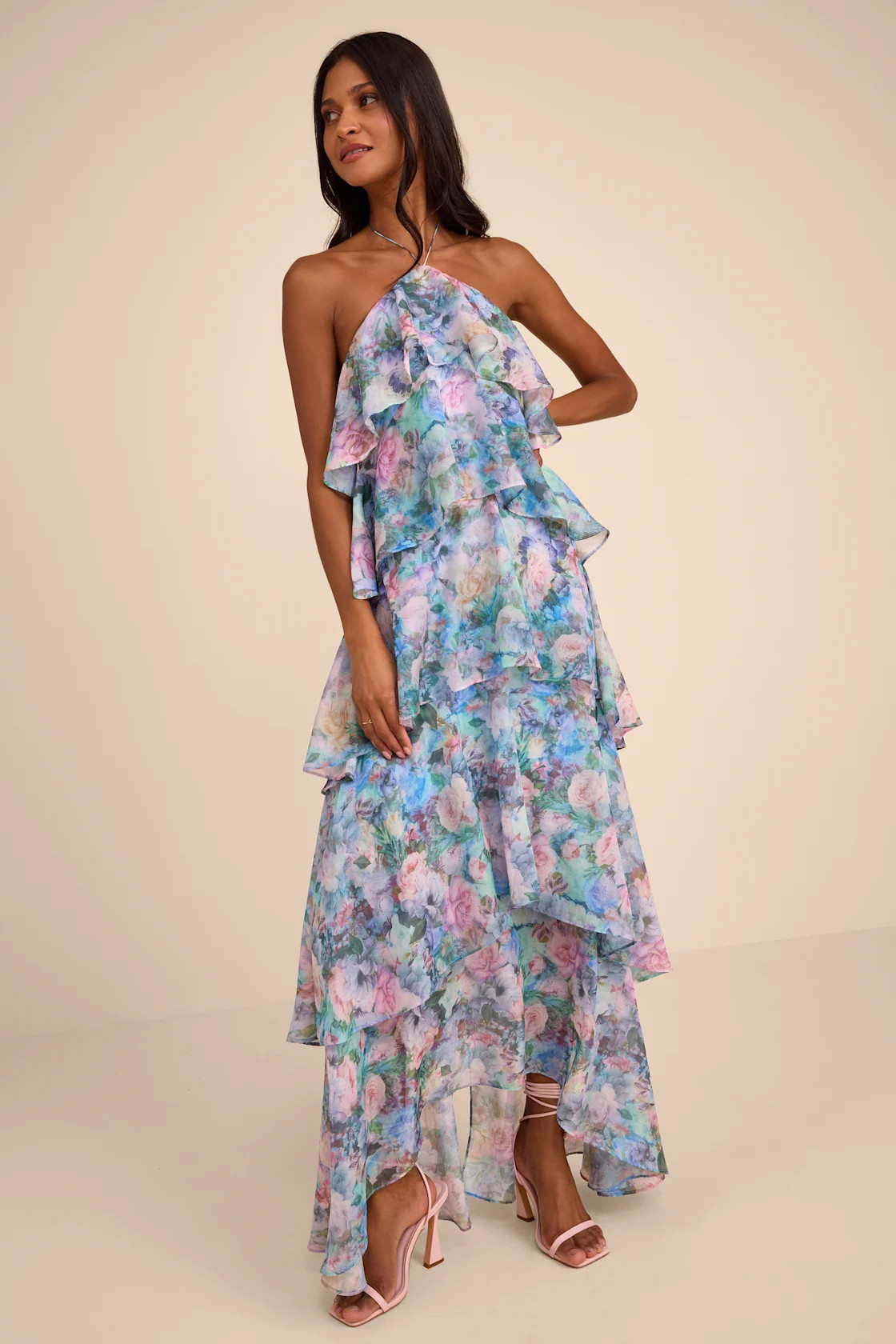 Melody Light Blue Floral Tiered Halter Maxi Dress | Lulus