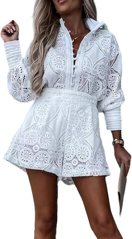 utcoco Womens 2025 Summer Eyelet Lace Two Piece Patterned Long Sleeve Tops Shorts Set | Amazon (US)