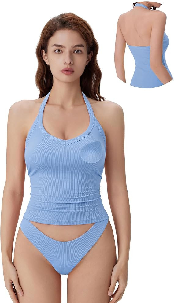 SUUKSESS Halter Tank Top for Women with Built in Bra Cotton Ribbed V Neck Cami | Amazon (US)