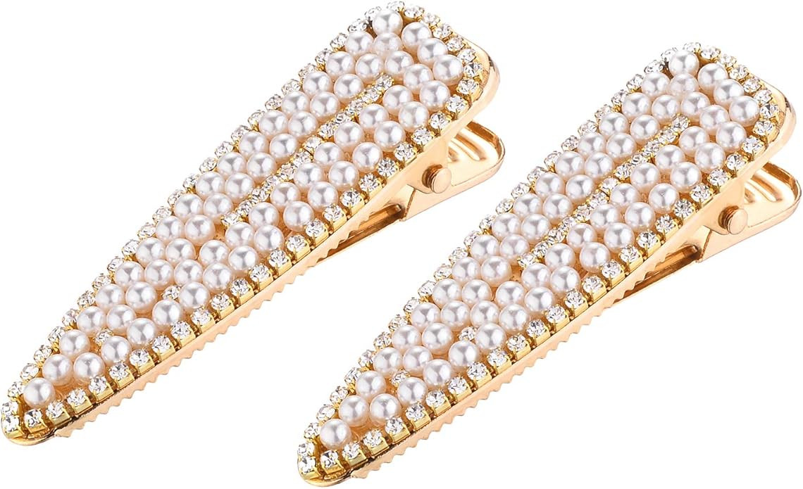 LUX ACCESSORIES Gold White Pearl Clear Full Crystal Rhinestones Bridal Wedding Prom Set of 2 Piec... | Amazon (US)