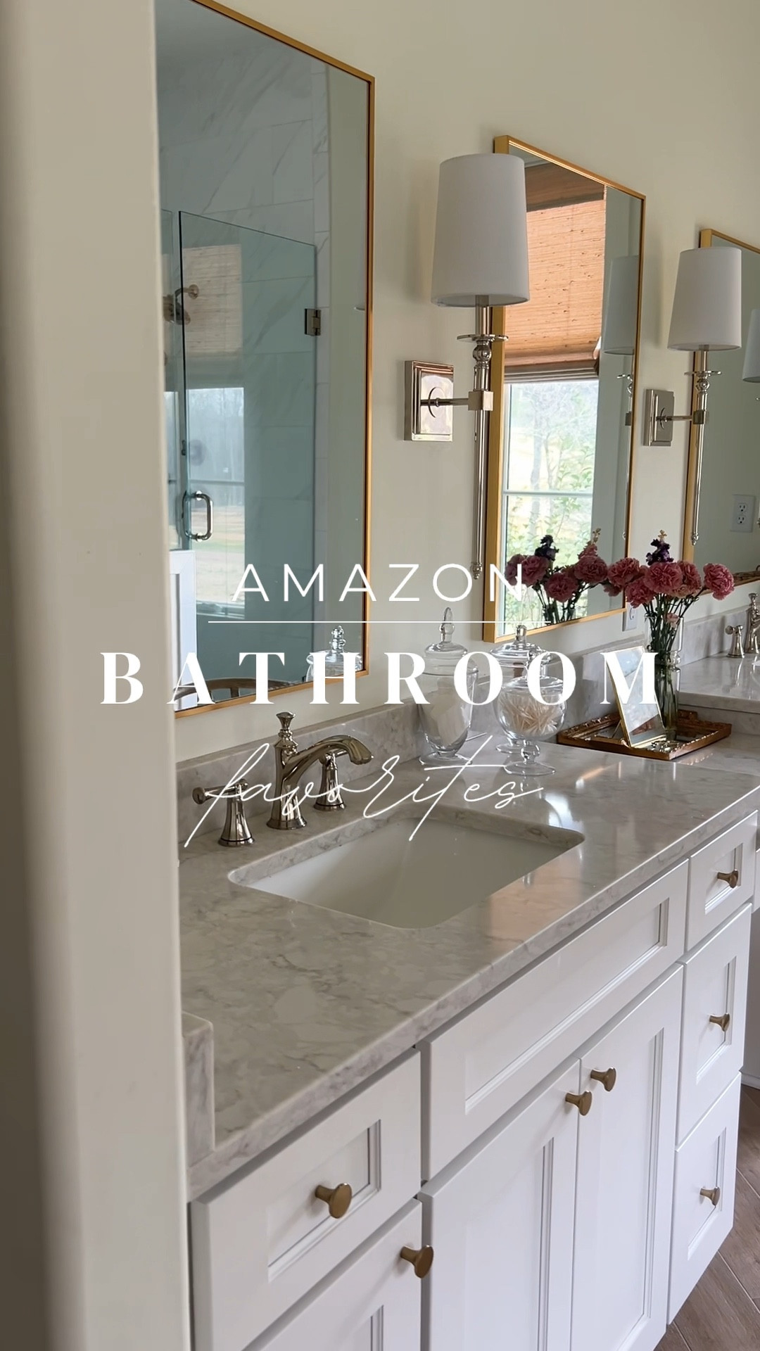 Some affordable bathroom favorites from Amazon. Gold mirror, apothecary jars, under the sink organizers, towel hooks and statement stems  

#LTKHome #LTKFindsUnder100 #LTKVideo