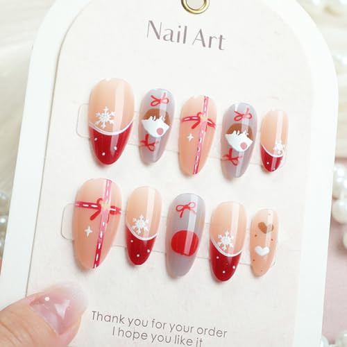 Christmas Press On Nails - Almond Shaped Press On Nails Medium Fake Nails With Heart Candy Snowflakes Designs Acrylic Artificial Glue On False Nail Press Ons Stick On Nails For Women | Amazon (US)