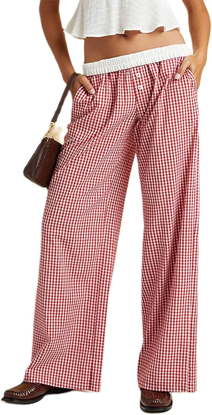 Lightweight Wide Leg Gingham Boxer Pants for Women Fashion Plaid Pj Pants Trousers Sweatpants Paj... | Amazon (US)