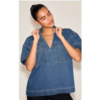 Dark Blue Boxy Pocket Detail Short Sleeve Denim Rugby Shirt | PrettyLittleThing UK