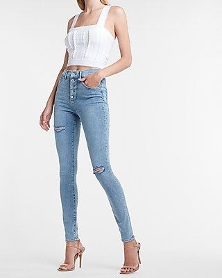 High Waisted Ultra Hyper Stretch Button Fly Ripped Skinny Jeans | Express