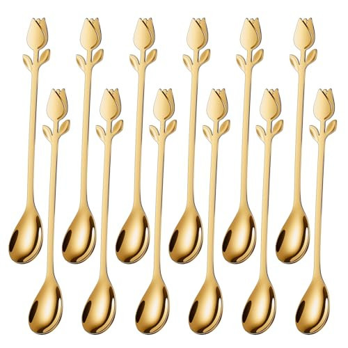 SGVRPVZ Gold Tulip/Rose Handle 12-Pcs Mini Coffee Spoons Set - 6" Stainless Steel for Espresso, Tea, Dessert - Ideal for Demitasse & Small Servings | Amazon (US)