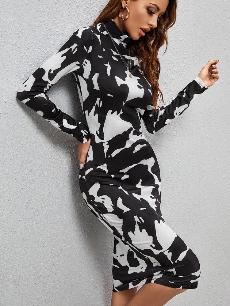 Cow Print Stand Collar Bodycon Dress | SHEIN