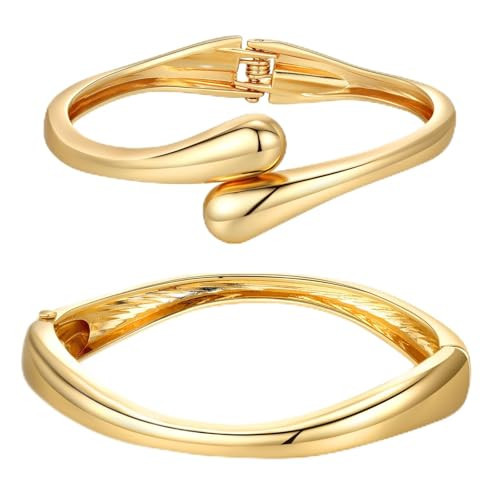 2Pcs Gold Bangle Bracelets for Women Trendy 14K Gold Plated Cuff Bracelets Stack, Dainty Gold Bracelet Sets Non Tarnish Fashion Jewelry Gift | Amazon (US)