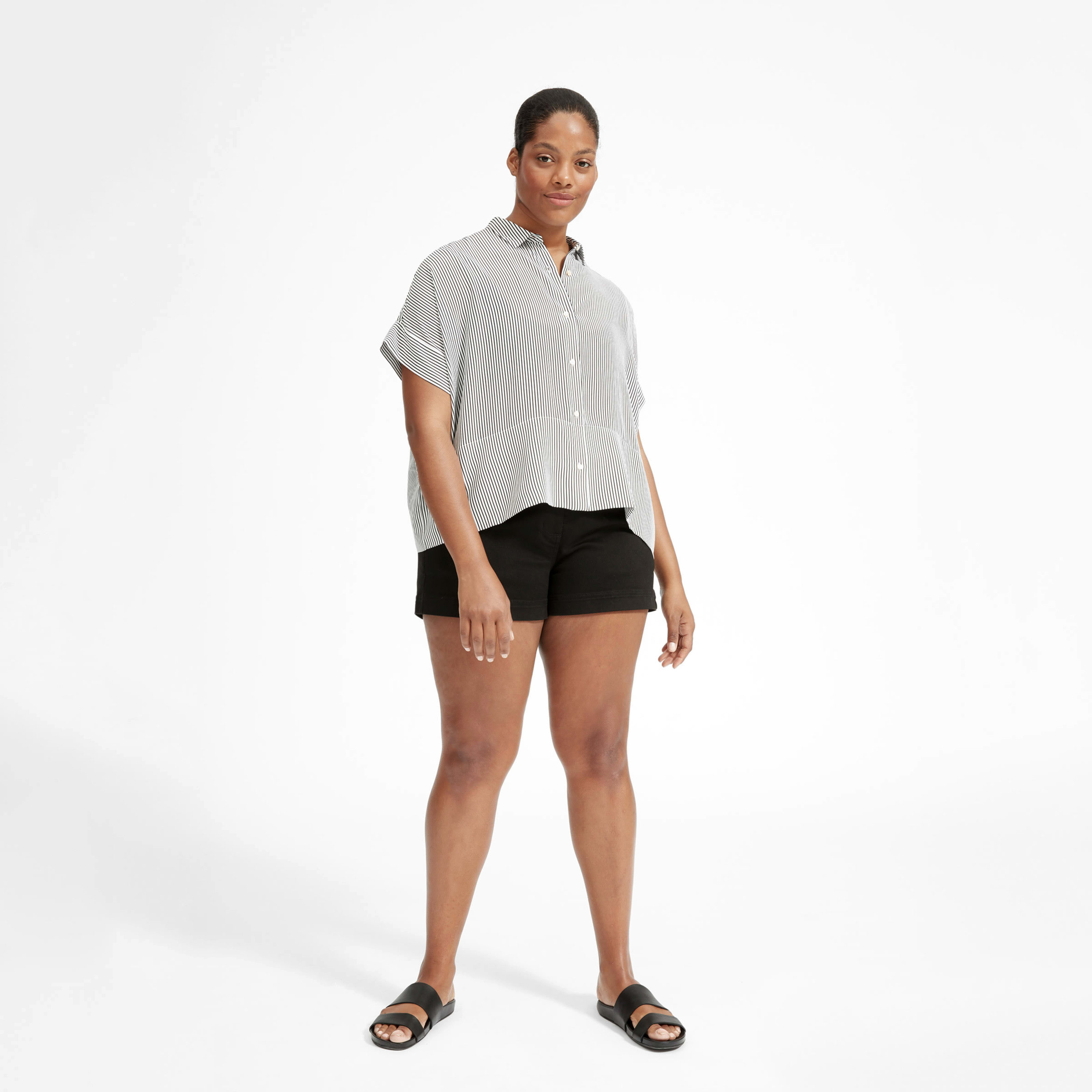 Women's Clean Silk Short-Sleeve Square Shirt by Everlane in White / Black Mini Stripe, Size 00 | Everlane