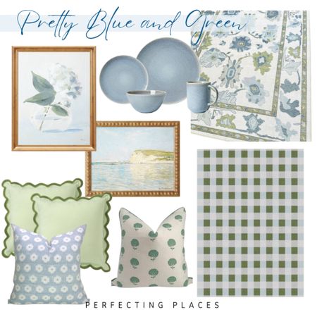 Pretty Blue and Green Home Decor Accents for spring. Blue and green plaid Ruggable rug, blue and green area rug, Green scalloped pillows, blue and green pillows, blue stoneware, Target wall art

#LTKSeasonal #LTKhome #LTKstyletip