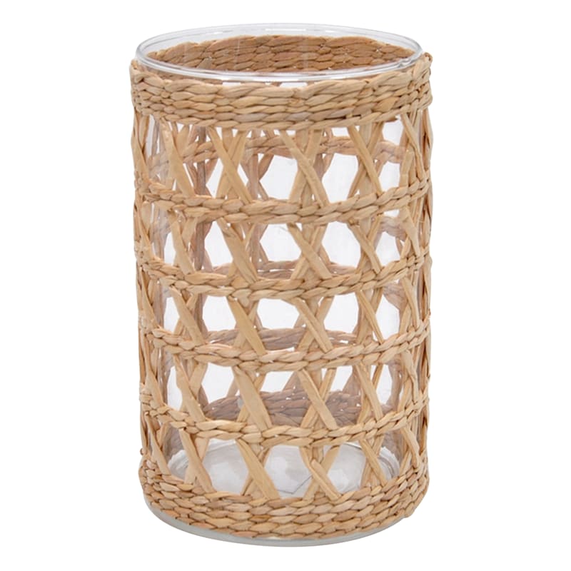Clear Glass Candle Holder in Wicker Sleeve, 5x8 | At Home