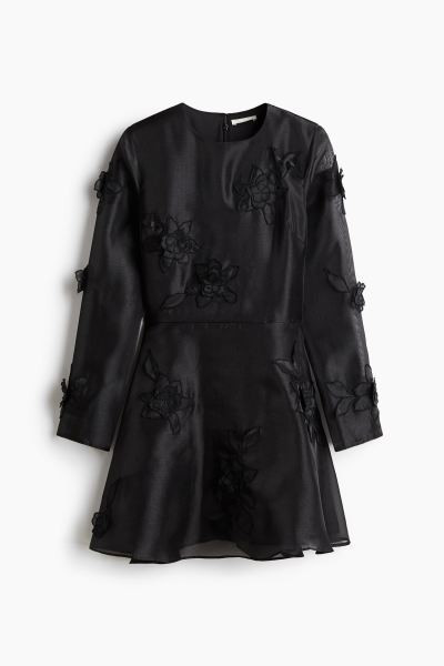 Appliquéd organza dress - Black - Ladies | H&M IN | H&M (UK, MY, IN, SG, PH, TW, HK)