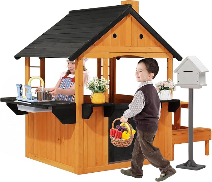 JOYMOR Kids Outdoor Playhouse with Sink Toys, Picnic Table, Mailbox, Spacious Wooden Toddler Play... | Amazon (US)