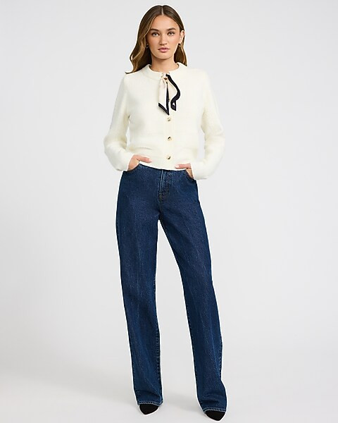 Crew Neck Novelty Button Scarf Cardigan | Express