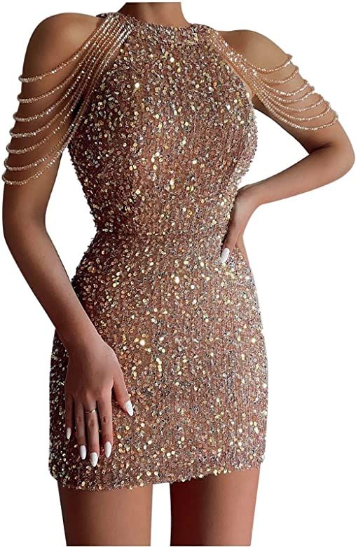 Mifsaly Womens Glamorous Sequined Mini Dress with Tassels Bodycon Sparkly Sequined Mini Dresses Sexy | Amazon (US)