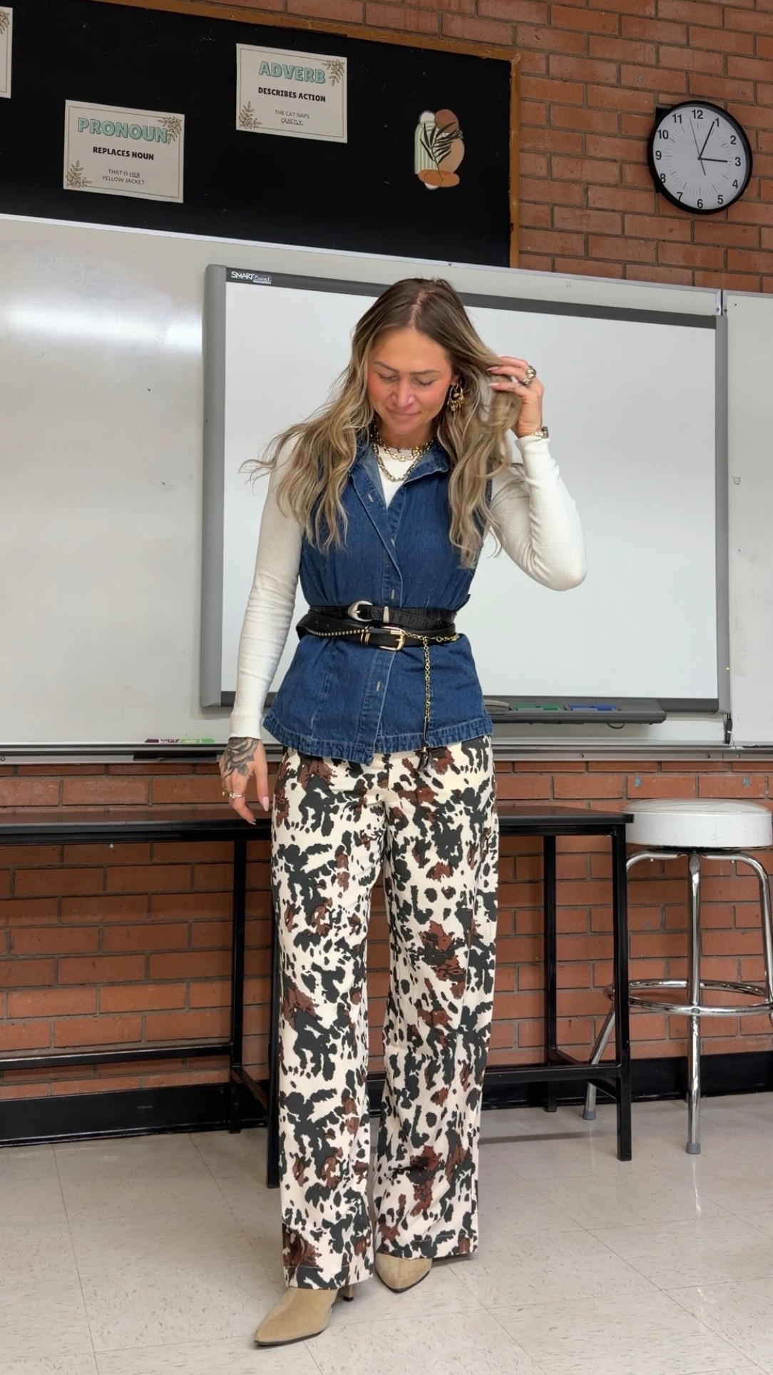 Fun teacher outfit! Cow print pants and denim vest

#LTKcanada #LTKwinter #LTKworkwear