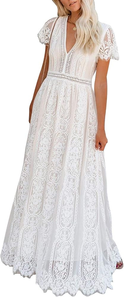 Women's V Neck Long Evening Dress Short Sleeve Lace Cocktail Party Maxi Dress | Amazon (US)