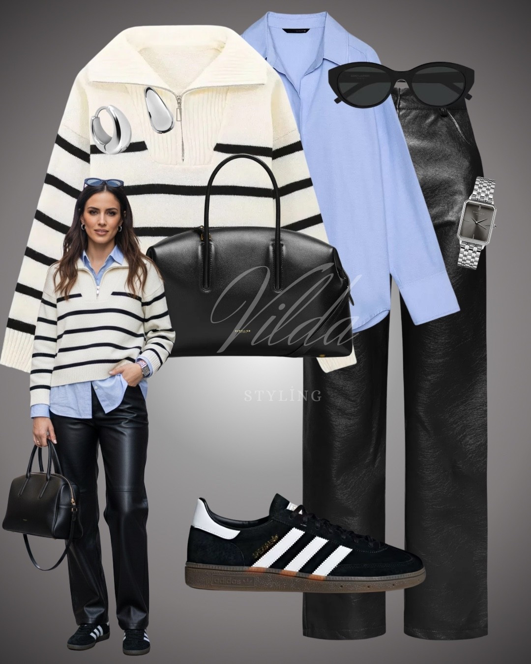 A striped half-zip knit layered over a blue shirt, paired with leather trousers, sleek sneakers, and timeless black accessories.Effortless layers, timeless pieces, everyday confidence. 🤍🖤

#LTKFashionMonth #LTKspring #LTKeurope