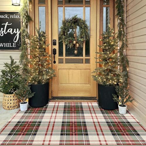 Othilic Christmas 3x5 Entry Rug - Small Washable Indoor Outdoor Mats for Front Door Non-Slip Porch Rug Holiday Tartan Plaid Throw Rugs for Living Room Bedroom Entryway Kitchen Office Porch Decor | Amazon (US)