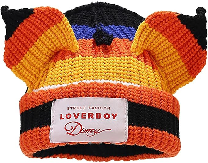 Striped Cat Ear Hat Cute Beanie Hat Knit Cap Warm Skull Cap Crochet Hat for Men and Women | Amazon (US)