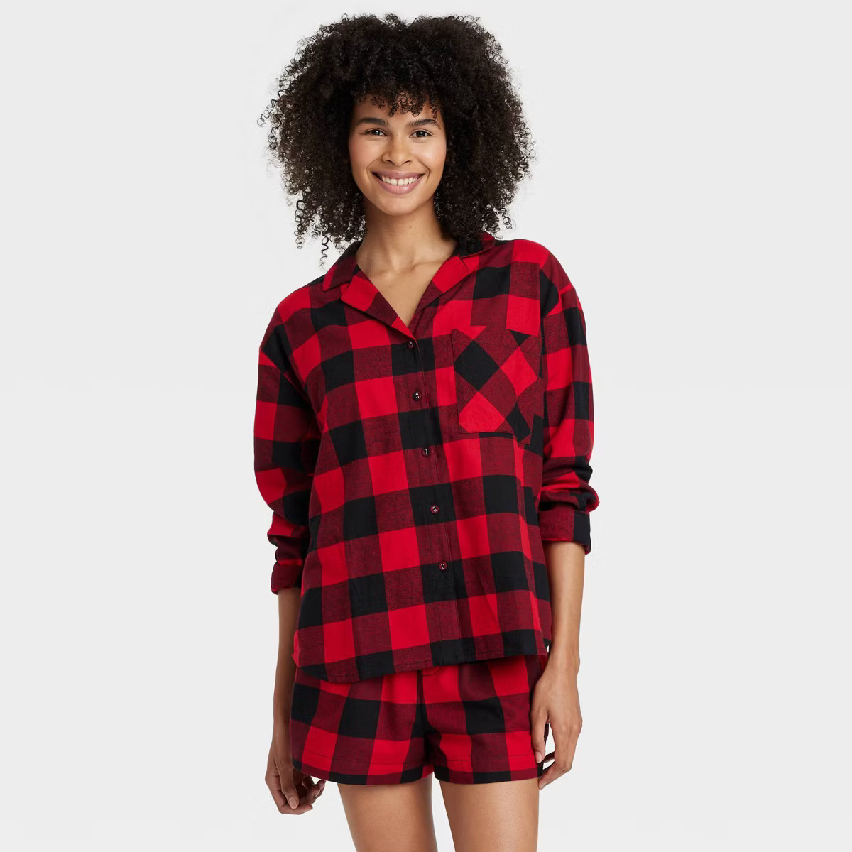 Women's Buffalo Check Flannel Long Sleeve Top and Shorts Pajama Set - Auden™ Red XS | Target